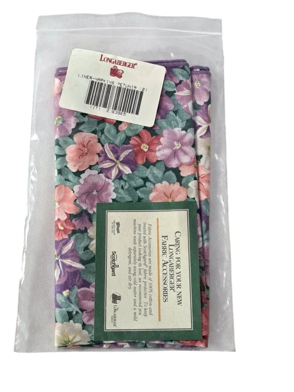 Longaberger Set Of 2 Petunia Fabric Napkins With Purple Trim Brand New